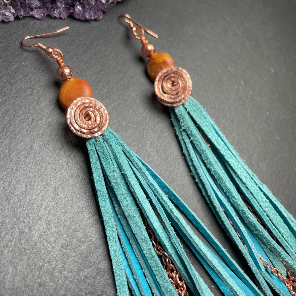 Natural Jasper And Genuine Turquoise Blue Leather Fringe And Copper Artisan - Picture 6 of 14
